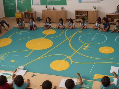 Professor aplicando avaliação formativa em aula de educação física, com alunos engajados e materiais de apoio.