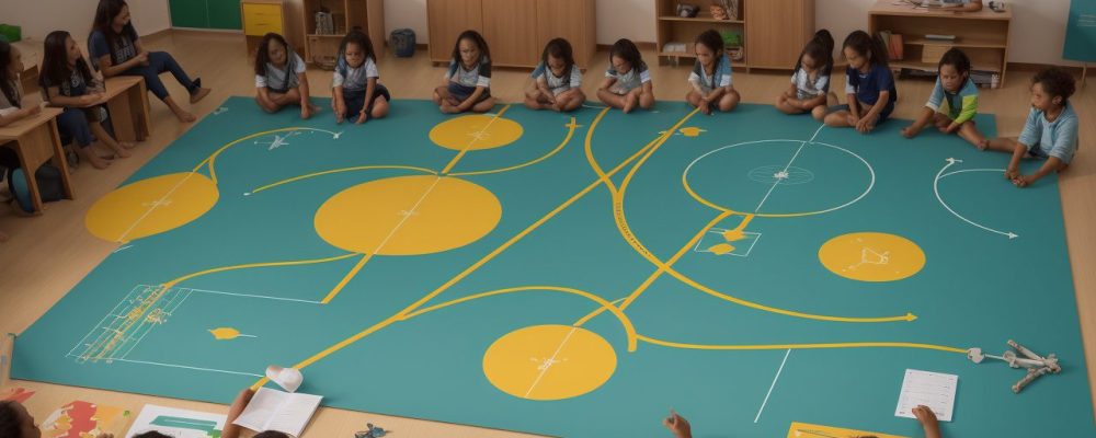 Professor aplicando avaliação formativa em aula de educação física, com alunos engajados e materiais de apoio.