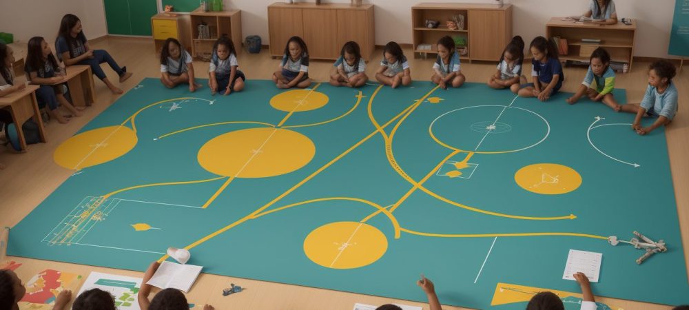 Professor aplicando avaliação formativa em aula de educação física, com alunos engajados e materiais de apoio.