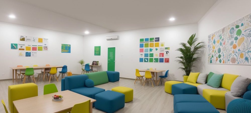 Ilustração de ferramentas de avaliação em educação física, com alunos interagindo em um ambiente escolar dinâmico.