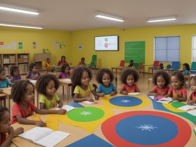 Crianças explorando múltiplas linguagens em atividades de sala de aula, demonstrando a aplicação da BNCC na educação infantil