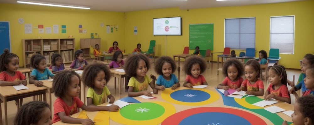 Crianças explorando múltiplas linguagens em atividades de sala de aula, demonstrando a aplicação da BNCC na educação infantil