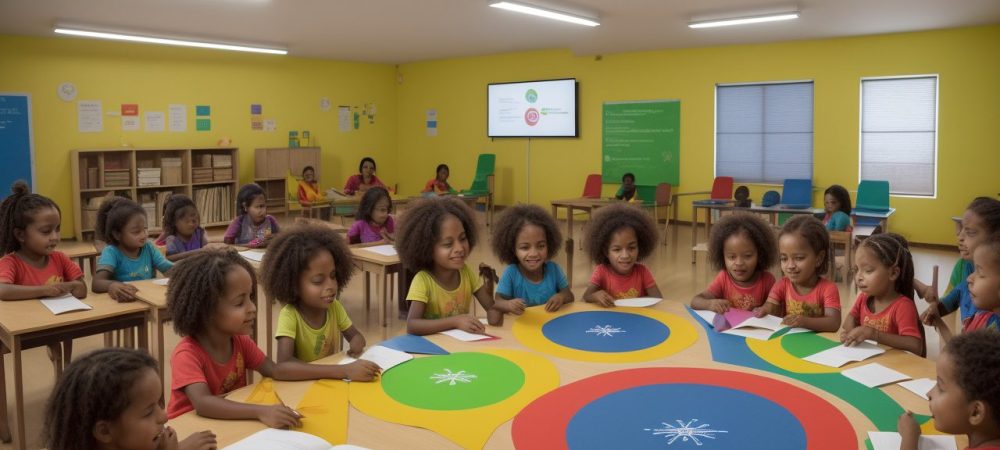 Crianças explorando múltiplas linguagens em atividades de sala de aula, demonstrando a aplicação da BNCC na educação infantil