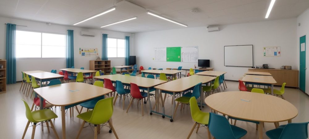 Sala de aula com alunos engajados em projetos e discussões, representando a aplicação da BNCC no ensino médio.