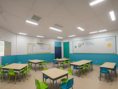 Alunos e professores em sala de aula com o planejamento da BNCC em andamento, promovendo gestão escolar democrática