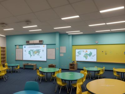 Imagem que ilustra a BNCC impactando a gestão escolar, mostrando professores e alunos engajados em um ambiente educacional colaborativo e inovador.