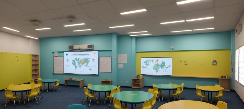 Imagem que ilustra a BNCC impactando a gestão escolar, mostrando professores e alunos engajados em um ambiente educacional colaborativo e inovador.