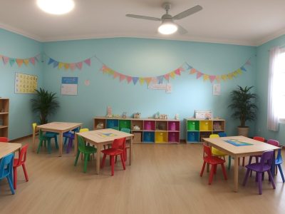 Crianças envolvidas em atividades lúdicas e educativas, utilizando recursos para aplicar a BNCC na educação infantil.