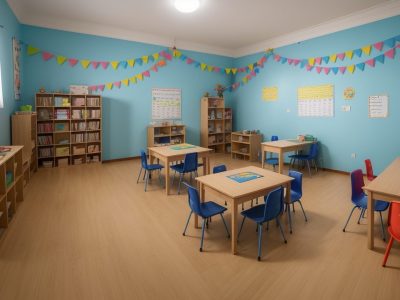 Crianças em sala de aula utilizando múltiplas linguagens e explorando os campos de experiência da BNCC.