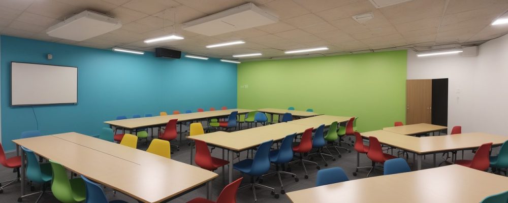 Alunos em sala de aula interativa, utilizando mapas mentais e tecnologia, com foco em itinerários formativos da BNCC no ensino médio