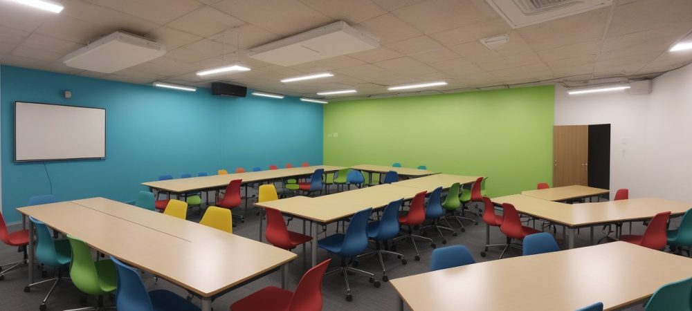 Alunos em sala de aula interativa, utilizando mapas mentais e tecnologia, com foco em itinerários formativos da BNCC no ensino médio