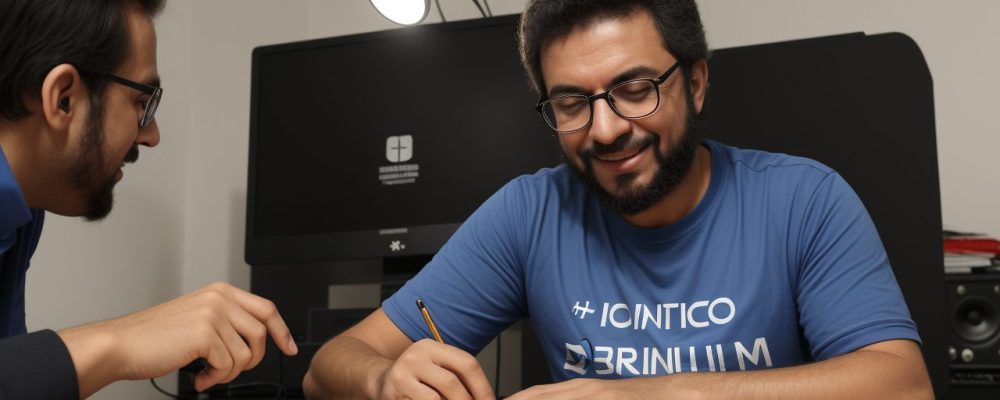 Imagem de um baixo elétrico sendo tocado em uma aula com um professor, representando aulas de baixo e o aprendizado musical para iniciantes.