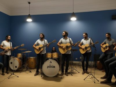 Alunos aprendendo a tocar baixo elétrico em um curso online, demonstrando inclusão e transformação social através da música.