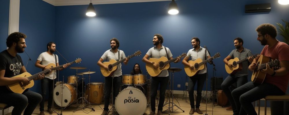 Alunos aprendendo a tocar baixo elétrico em um curso online, demonstrando inclusão e transformação social através da música.