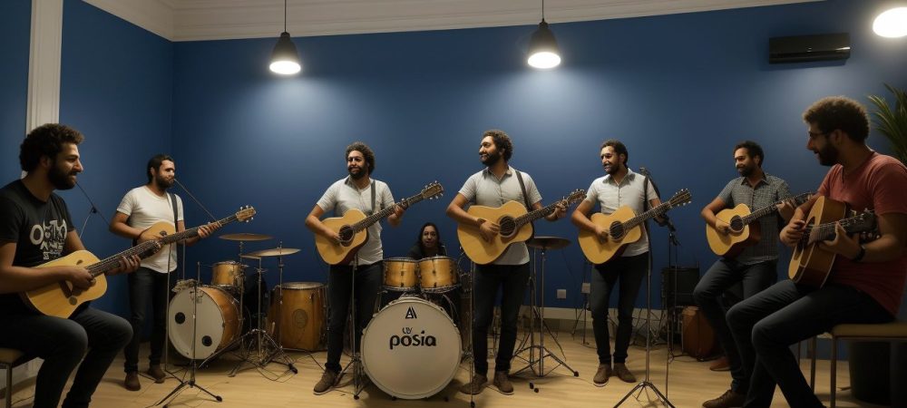 Alunos aprendendo a tocar baixo elétrico em um curso online, demonstrando inclusão e transformação social através da música.