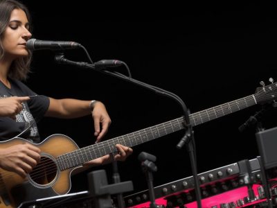 Imagem de um baixista tocando um baixo elétrico em um ambiente de ensaio musical, demonstrando a prática e o aprendizado do instrumento.