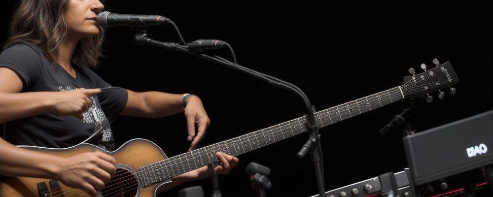 Imagem de um baixista tocando um baixo elétrico em um ambiente de ensaio musical, demonstrando a prática e o aprendizado do instrumento.