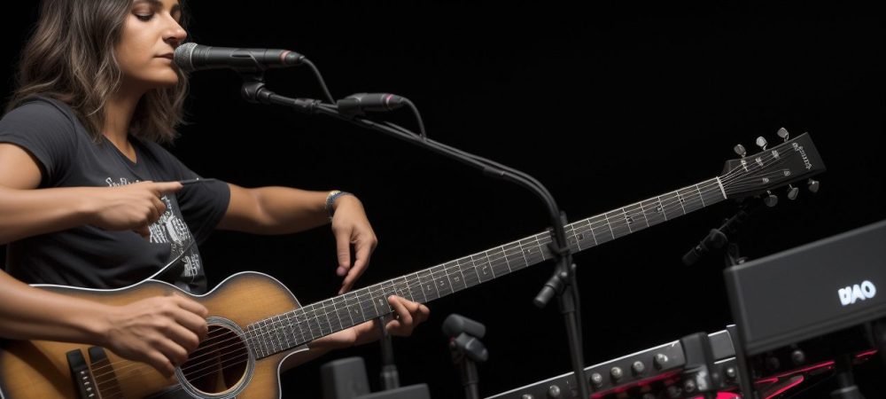 Imagem de um baixista tocando um baixo elétrico em um ambiente de ensaio musical, demonstrando a prática e o aprendizado do instrumento.