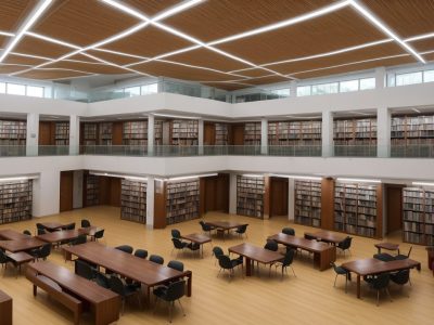 Imagem de uma biblioteca pública vibrante com eventos comunitários, acervos bibliográficos e pessoas interagindo, simbolizando o uso da biblioteca e acesso à informação.