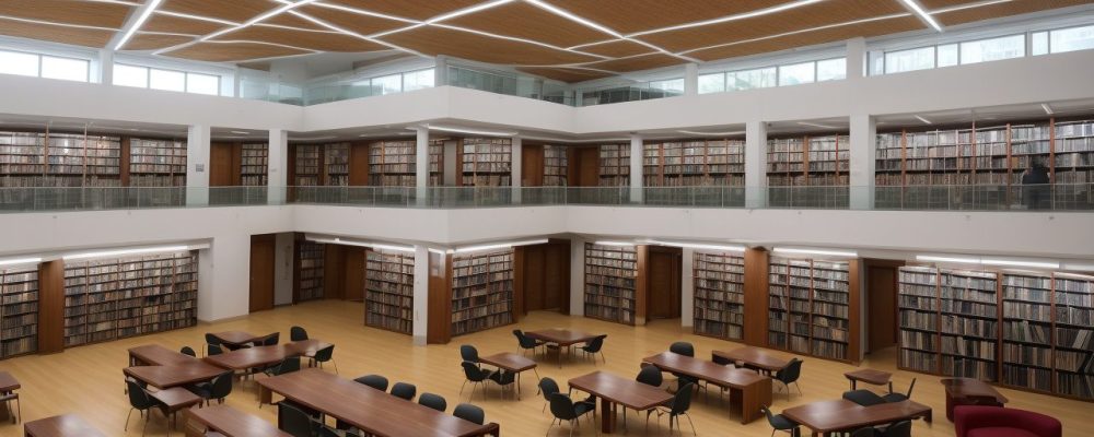 Imagem de uma biblioteca pública vibrante com eventos comunitários, acervos bibliográficos e pessoas interagindo, simbolizando o uso da biblioteca e acesso à informação.