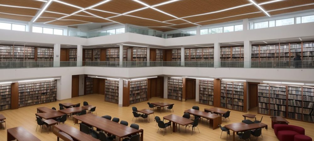 Biblioteca Pública: Compartilhando Conhecimento e Oportunidades Imagem de uma biblioteca pública vibrante com eventos comunitários, acervos bibliográficos e pessoas interagindo, simbolizando o uso da biblioteca e acesso à informação.