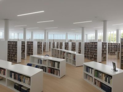Interior de uma biblioteca pública moderna, com pessoas interagindo e utilizando recursos digitais para dinamização e uso eficiente.