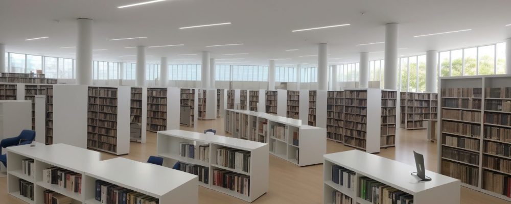 Interior de uma biblioteca pública moderna, com pessoas interagindo e utilizando recursos digitais para dinamização e uso eficiente.