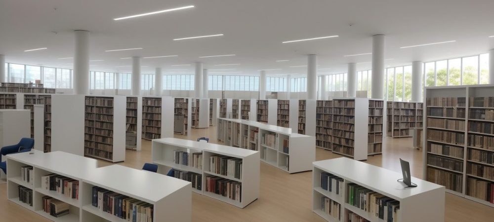 Interior de uma biblioteca pública moderna, com pessoas interagindo e utilizando recursos digitais para dinamização e uso eficiente.