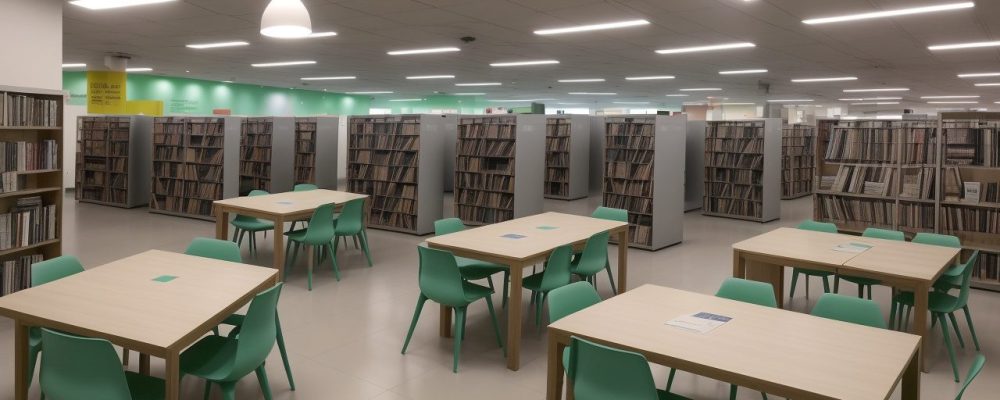 Interior de uma biblioteca pública moderna e acolhedora, com pessoas interagindo, livros e recursos digitais, mostrando a importância do uso da biblioteca para a comunidade.