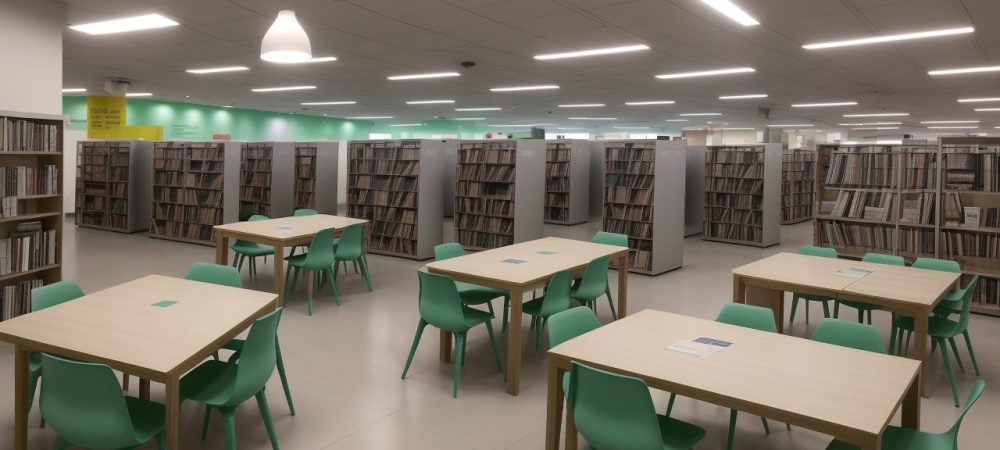 Interior de uma biblioteca pública moderna e acolhedora, com pessoas interagindo, livros e recursos digitais, mostrando a importância do uso da biblioteca para a comunidade.