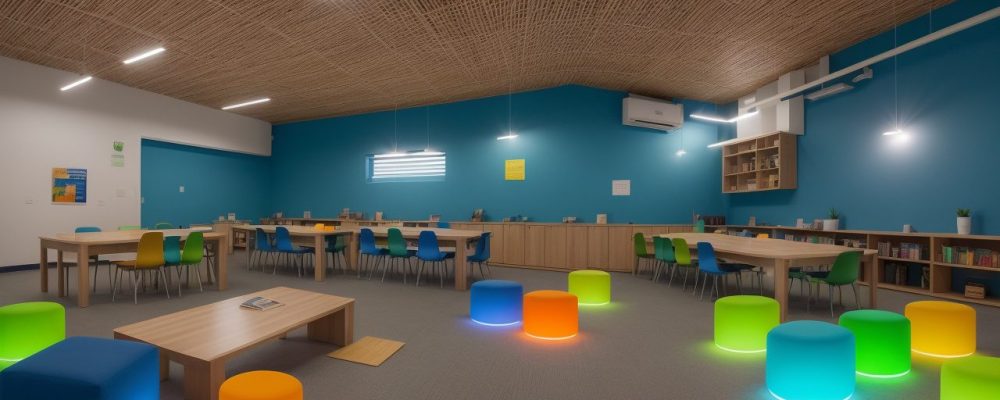 Imagem de uma biblioteca pública vibrante, com pessoas interagindo em atividades, representando a dinamização e o uso da biblioteca para a comunidade.