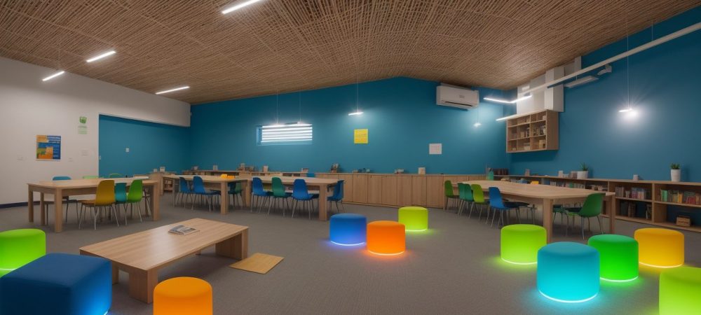 Imagem de uma biblioteca pública vibrante, com pessoas interagindo em atividades, representando a dinamização e o uso da biblioteca para a comunidade.