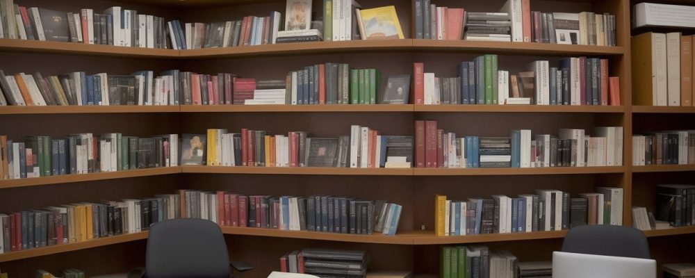 Imagem de uma biblioteca pública com pessoas usando computadores, lendo livros e participando de atividades, representando o uso da biblioteca e o acesso ao conhecimento.