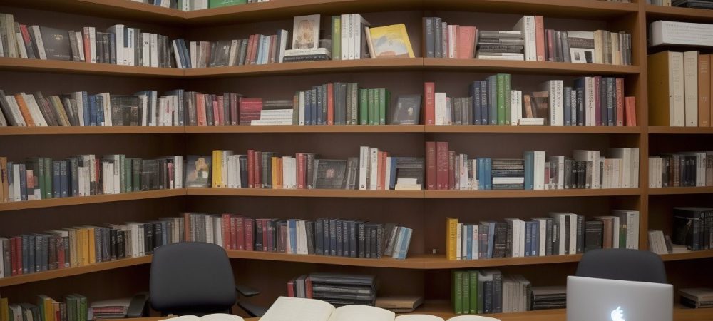 Imagem de uma biblioteca pública com pessoas usando computadores, lendo livros e participando de atividades, representando o uso da biblioteca e o acesso ao conhecimento.