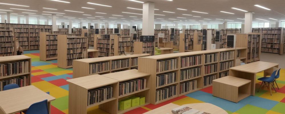 Imagem que mostra pessoas usando a biblioteca pública, com livros, computadores e atividades em grupo para promover o uso da biblioteca e o aprendizado.