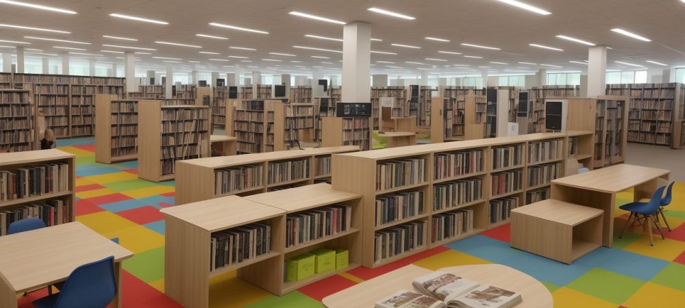 Imagem que mostra pessoas usando a biblioteca pública, com livros, computadores e atividades em grupo para promover o uso da biblioteca e o aprendizado.