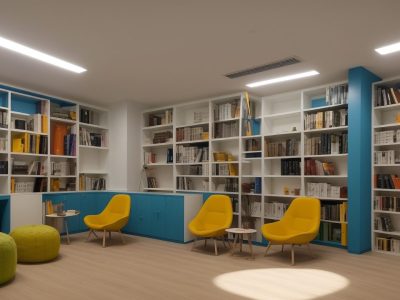 Ilustração de uma biblioteca pública moderna, vibrante e acolhedora, com pessoas interagindo em um ambiente de aprendizado e conexão comunitária.