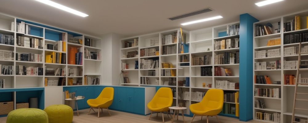 Ilustração de uma biblioteca pública moderna, vibrante e acolhedora, com pessoas interagindo em um ambiente de aprendizado e conexão comunitária.