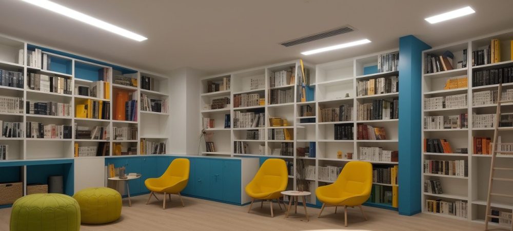 Ilustração de uma biblioteca pública moderna, vibrante e acolhedora, com pessoas interagindo em um ambiente de aprendizado e conexão comunitária.