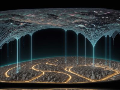 Representação visual de big data no serviço público: gráficos, dados e pessoas trabalhando juntas para análise e tomada de decisões.