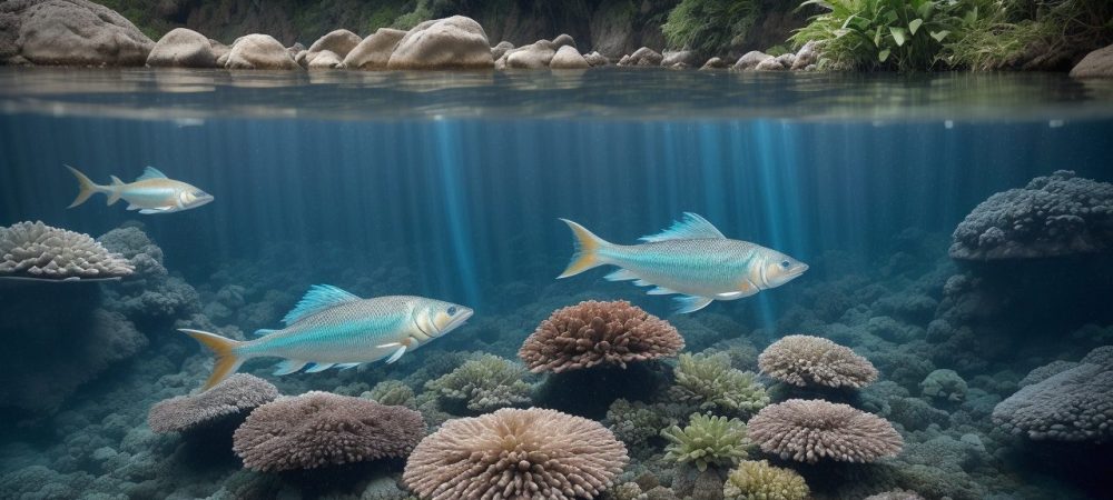 Imagem mostrando um ambiente aquático com bioindicadores sendo utilizados para monitorar a qualidade da água em um projeto de biomonitoramento.