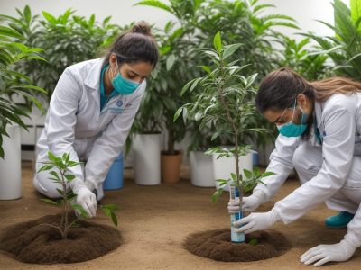 Imagem mostrando cultura de tecidos vegetais em laboratório, representando a biotecnologia aplicada à agricultura e segurança alimentar.