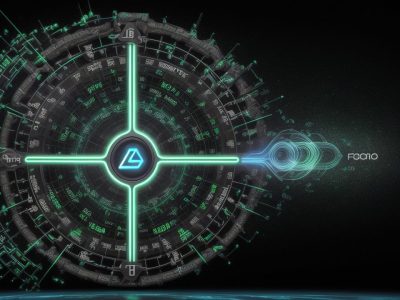 Ilustração de um conceito futurista de blockchain com contratos inteligentes, representando inovação e segurança.