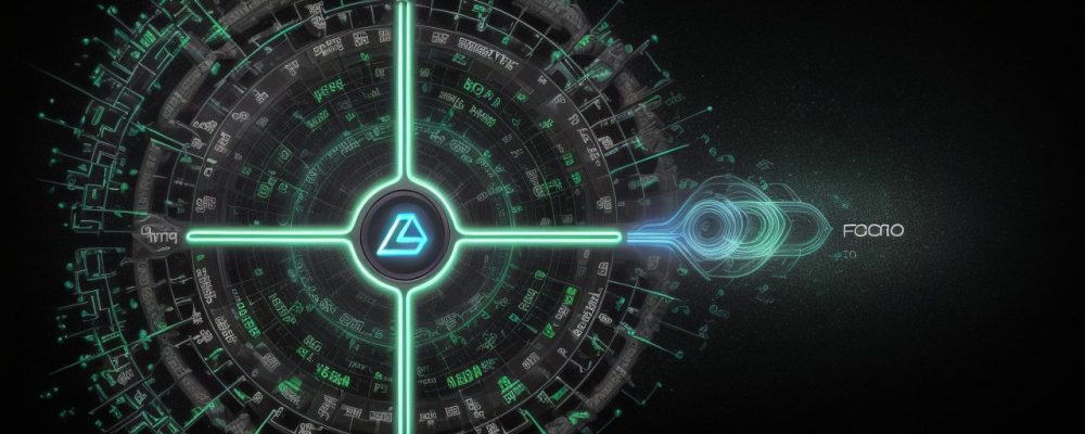 Ilustração de um conceito futurista de blockchain com contratos inteligentes, representando inovação e segurança.