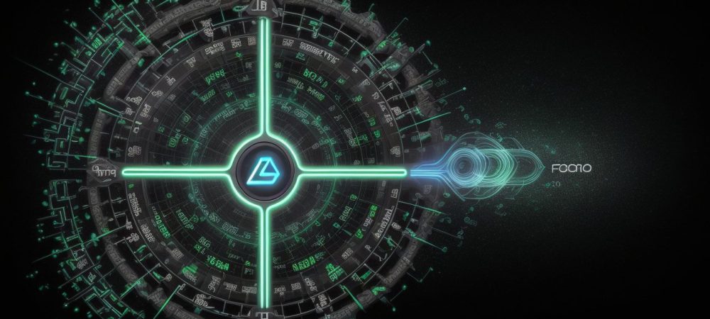 Ilustração de um conceito futurista de blockchain com contratos inteligentes, representando inovação e segurança.