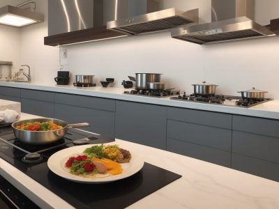 Imagem mostrando a aplicação das boas práticas de manipulação de alimentos em um ambiente de cozinha profissional, com foco em segurança alimentar e treinamento.