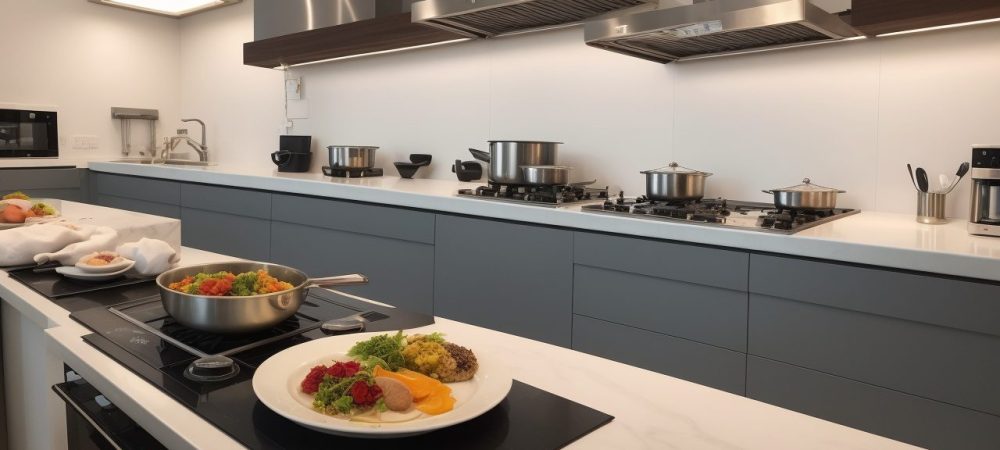 Imagem mostrando a aplicação das boas práticas de manipulação de alimentos em um ambiente de cozinha profissional, com foco em segurança alimentar e treinamento.