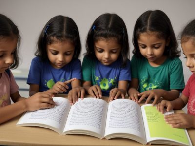 Crianças aprendendo e interagindo com o sistema Braille em uma sala de aula inclusiva, com foco no alfabeto Braille e material didático.