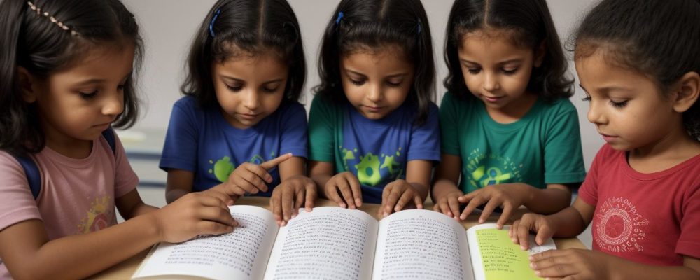 Crianças aprendendo e interagindo com o sistema Braille em uma sala de aula inclusiva, com foco no alfabeto Braille e material didático.