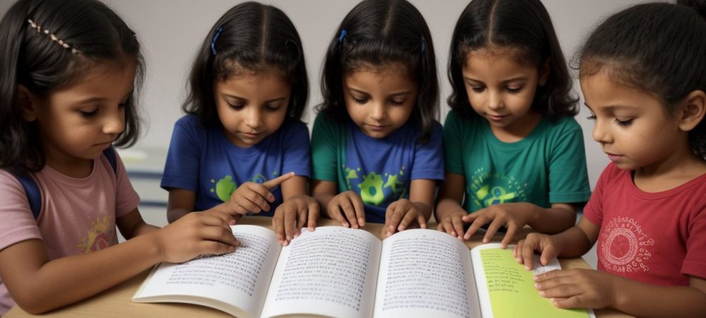 Crianças aprendendo e interagindo com o sistema Braille em uma sala de aula inclusiva, com foco no alfabeto Braille e material didático.
